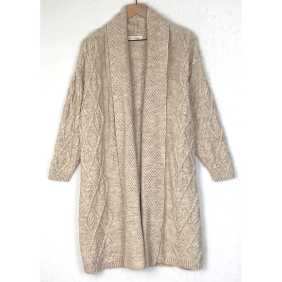 BY ANTHROPOLOGIE Maxi Cable Knit Cardigan Sz XSP‎ Oatmeal Wool Sweater Longline - Picture 1 of 11